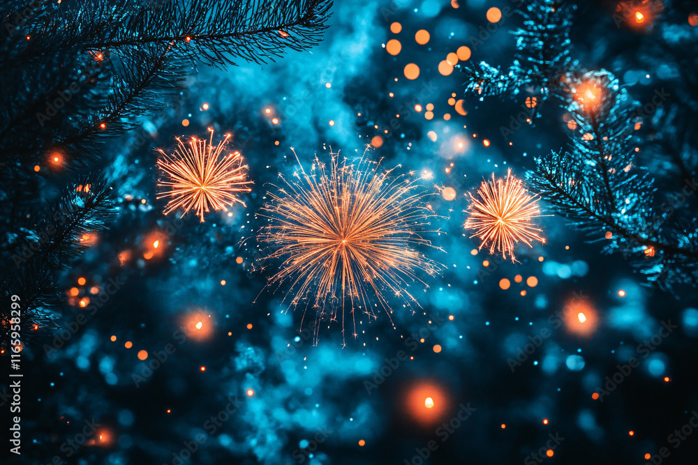 Fireworks illuminate the night sky above trees during a vibrant celebration Fireworks illuminate the night sky above trees during a vibrant celebration