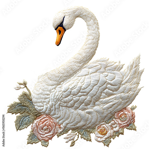 Fototapeta Naklejka Na Ścianę i Meble -  The embroidered and colored swan with flowers.