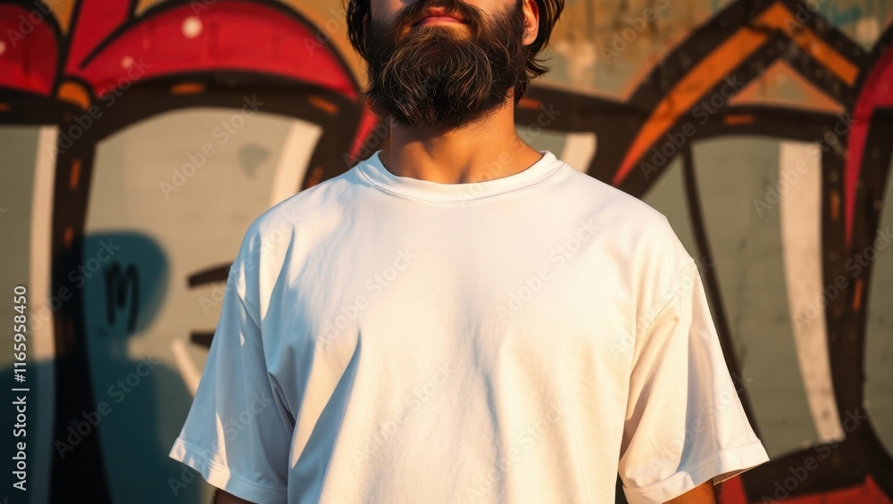 Fototapeta premium Bearded Man Wearing White TShirt Against Graffiti Wall