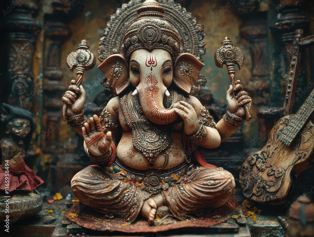 Fototapeta premium A vibrant Ganesh Chaturthi celebration at a temple plaza, with a large Ganesha idol adorned with flowers, musicians playing traditional instruments, and families dancing. Add intricate designs 
