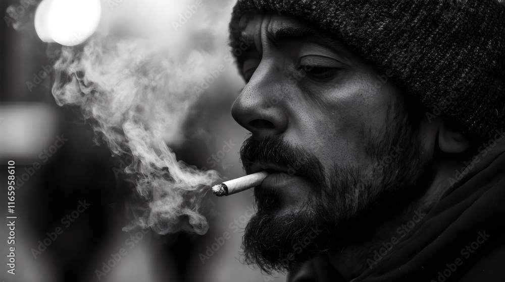 A contemplative man smoking a cigarette, shrouded in smoke, captured in a striking black and white image. A contemplative man smoking a cigarette, shrouded in smoke, captured in a striking black and white image.