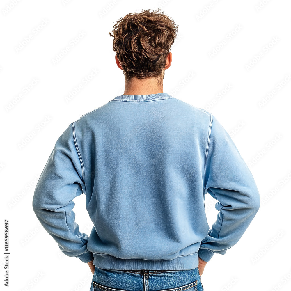 A man with his back to the camera wearing a light blue sweatshirt and jeans. A man with his back to the camera wearing a light blue sweatshirt and jeans.