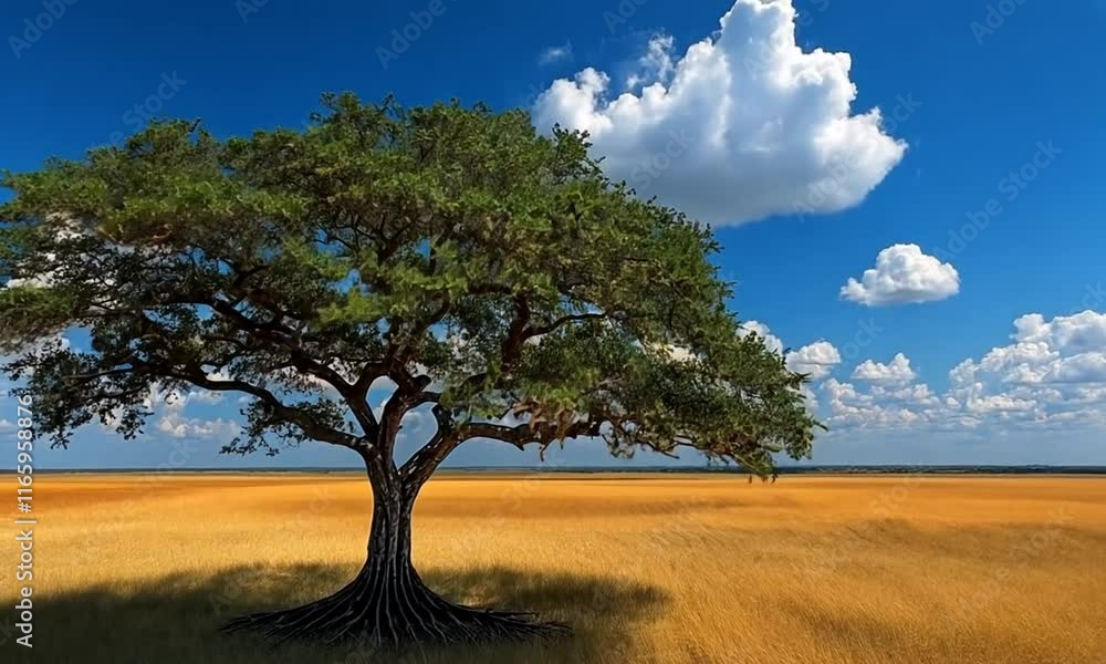 A solitary tree stands in a golden field under a bright blue sky with fluffy clouds. A solitary tree stands in a golden field under a bright blue sky with fluffy clouds.