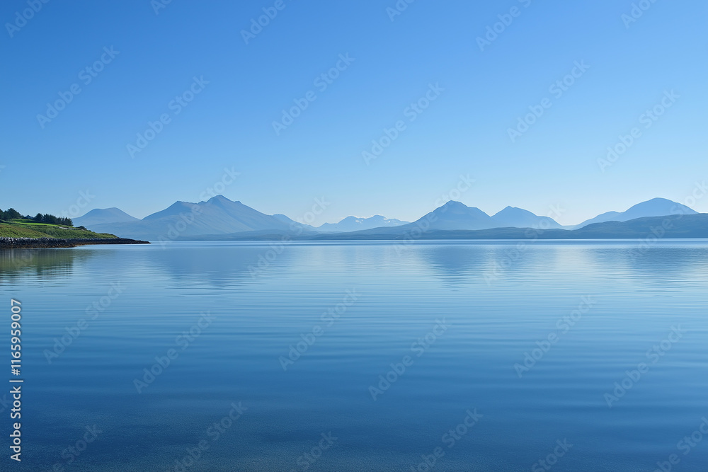 Serene Lake Surface, Distant Mountains and Blue Sky, Natural Beauty Serene Lake Surface, Distant Mountains and Blue Sky, Natural Beauty