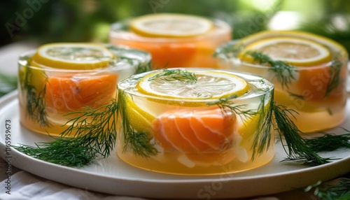 Delicious aspic with salmon, lemon, and dill garnished on white plate photo