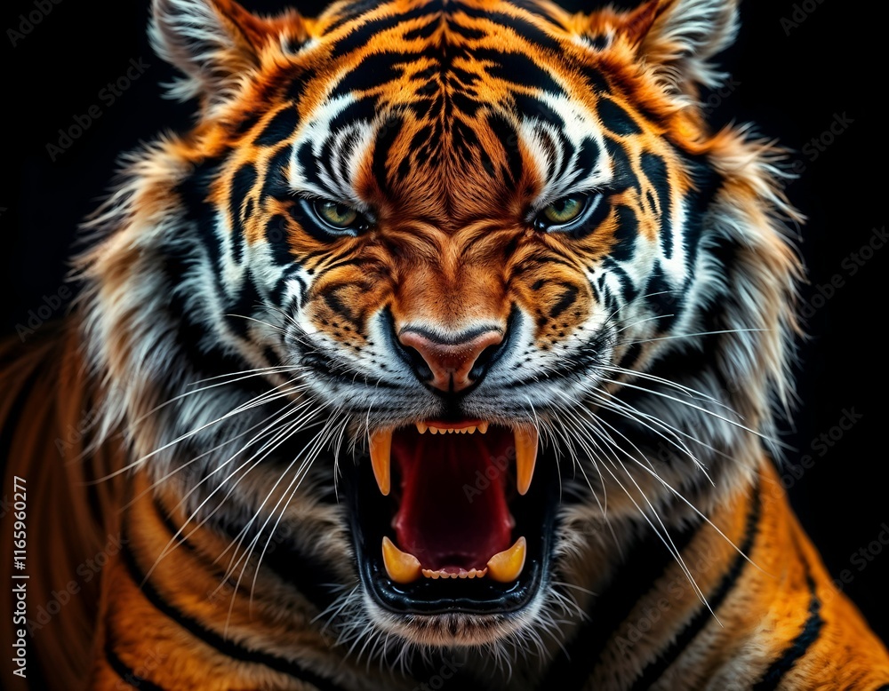 Obraz premium Roaring Tiger: Close-Up Portrait of a Tiger Against a Black Background, Showcasing the Power and Elegance of Wildlife