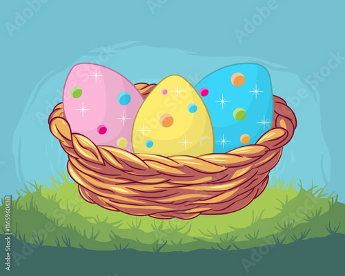 Easter eggs in a wicker basket on the grass. Vector illustration