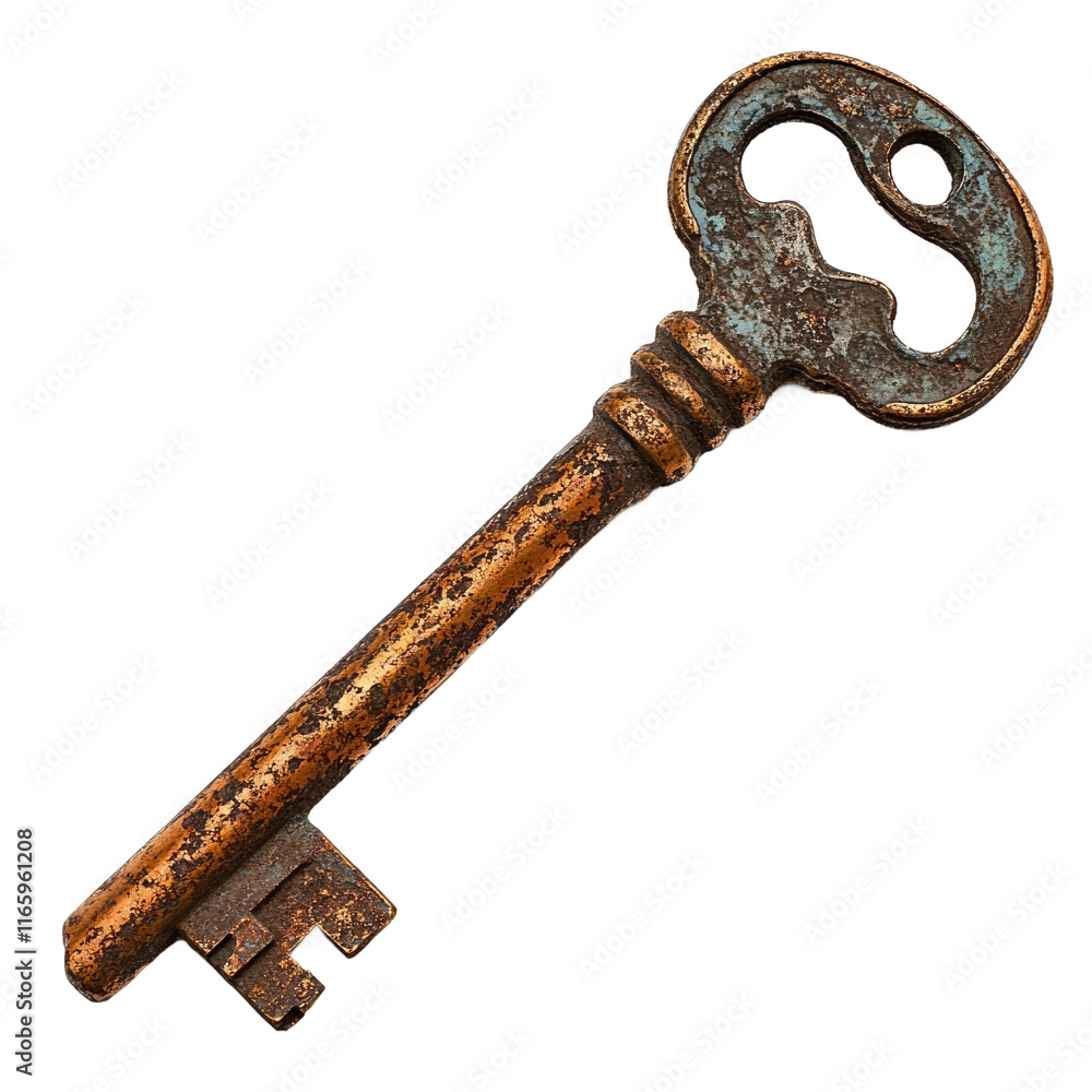 A rusted key with peeling blue paint on its head is set against a plain white background. A rusted key with peeling blue paint on its head is set against a plain white background.