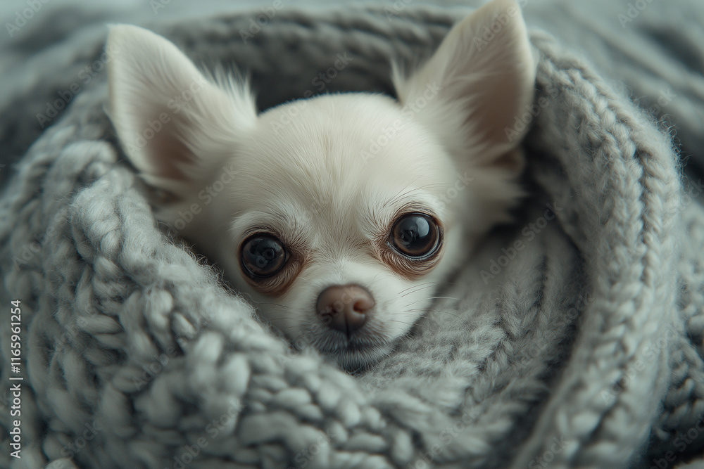 Chihuahua dog doesn't want to wake up in cold day , sleepy chihuahua dog under gray and white stripes blanket. Chihuahua dog doesn't want to wake up in cold day , sleepy chihuahua dog under gray and white stripes blanket.