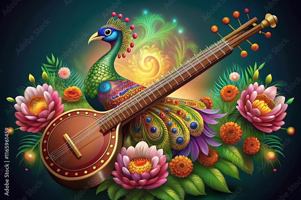 Fototapeta premium veena with peacock for vasant panchami celebration
