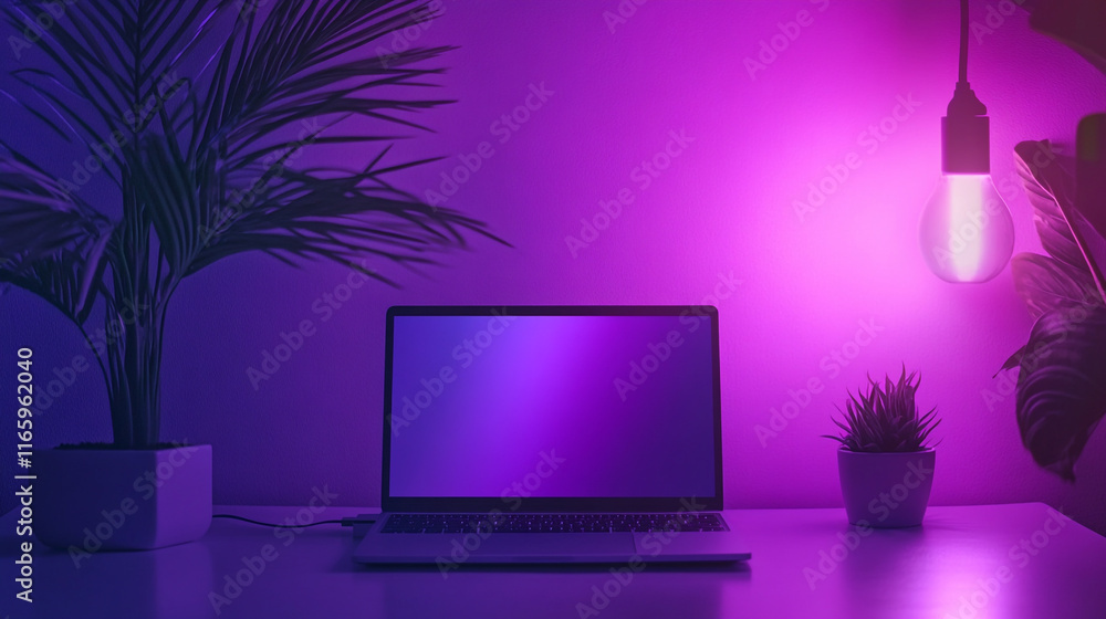 Modern workspace with purple lighting and plants offering a calming atmosphere Modern workspace with purple lighting and plants offering a calming atmosphere