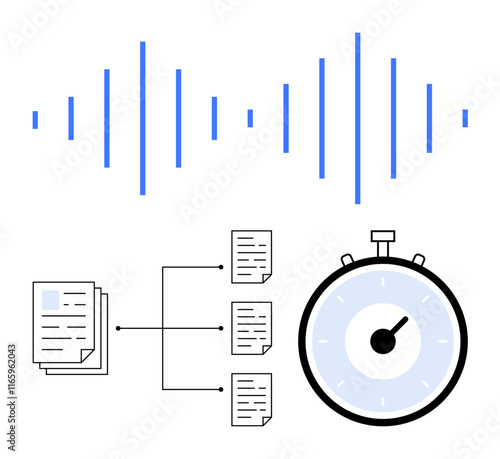 Sound waves stopwatch and document flowchart. Ideal for productivity, scheduling, project management, efficiency, time management, organizational tools, and workload planning. Line metaphor