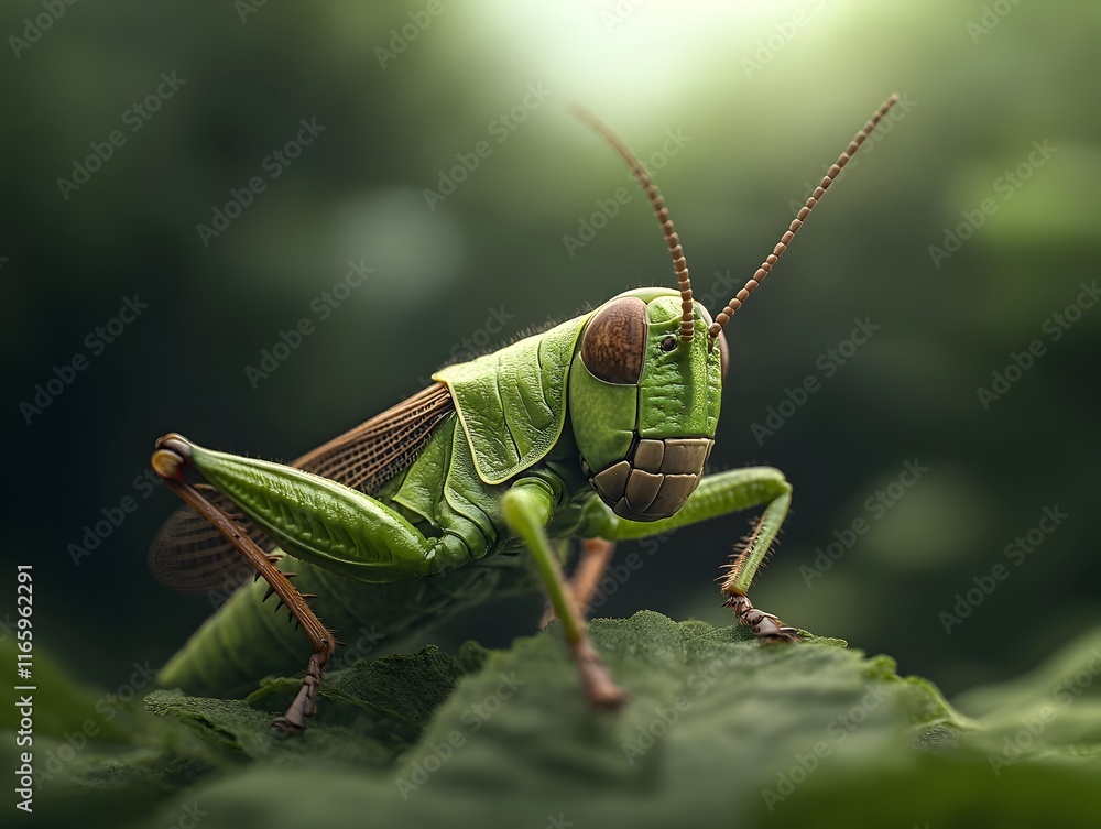 Detailed close up of a grasshopper s thoracic region the insect s segmented body releasing pheromones to warn nearby individuals capturing the dynamic motion and tensed musculature Detailed close up of a grasshopper s thoracic region the insect s segmented body releasing pheromones to warn nearby individuals capturing the dynamic motion and tensed musculature