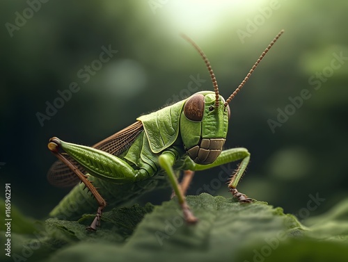 Detailed close up of a grasshopper s thoracic region the insect s segmented body releasing pheromones to warn nearby individuals capturing the dynamic motion and tensed musculature photo