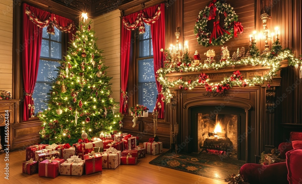 Cozy Christmas living room with decorated tree, fireplace, candles, and wrapped gifts creating a festive holiday atmosphere. Cozy Christmas living room with decorated tree, fireplace, candles, and wrapped gifts creating a festive holiday atmosphere.