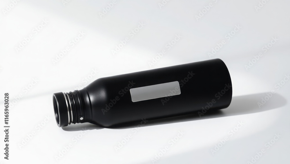 Fototapeta premium A Black Metal Water Bottle Lies on White Background