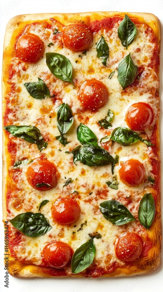A mouthwatering square pizza with fresh tomatoes, basil, and melted mozzarella cheese. Perfect for a quick lunch or a satisfying dinner. Enjoy this delicious Italian food. A mouthwatering square pizza with fresh tomatoes, basil, and melted mozzarella cheese. Perfect for a quick lunch or a satisfying dinner. Enjoy this delicious Italian food.