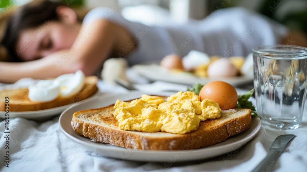 Woman sleeping at table with scrambled eggs and toast breakfast Woman sleeping at table with scrambled eggs and toast breakfast