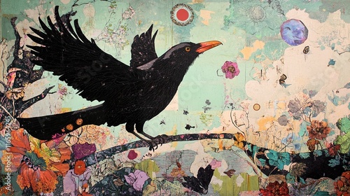 Crow in Flight: A Whimsical Collage of Nature