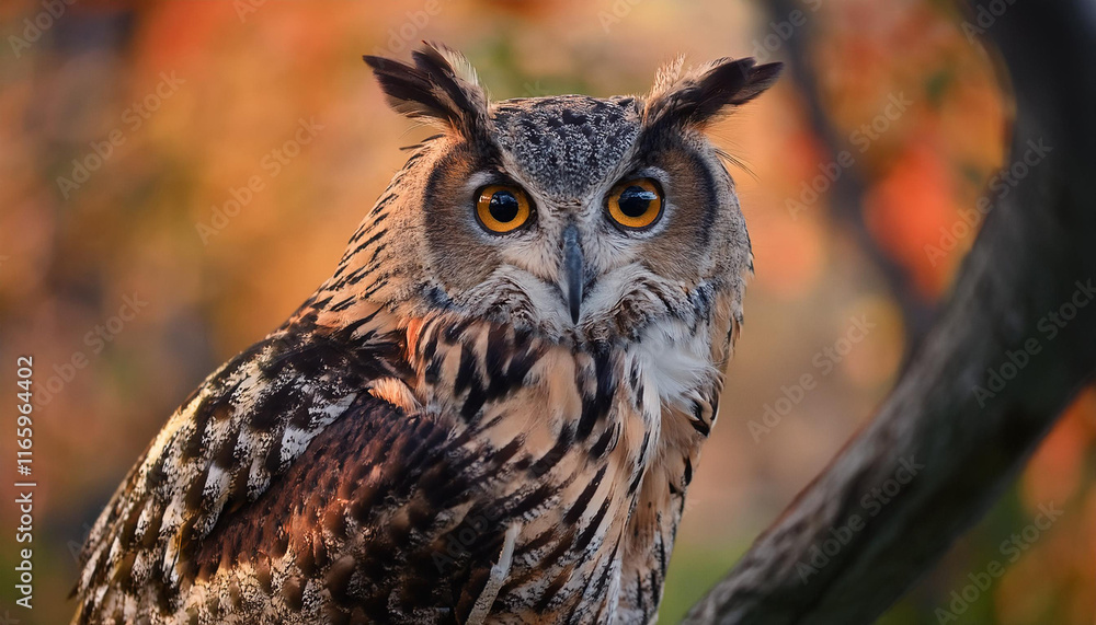 A close-up portrait of an owl with large eyes staring intently at the camera.