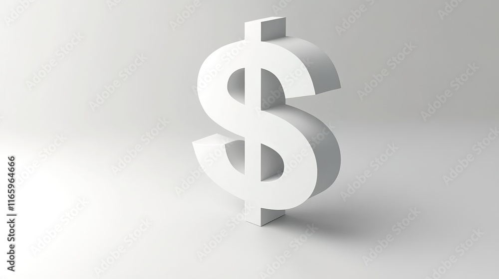 3D white dollar sign on an empty background, in a minimalistic style with white and grey colors. 3D white dollar sign on an empty background, in a minimalistic style with white and grey colors.