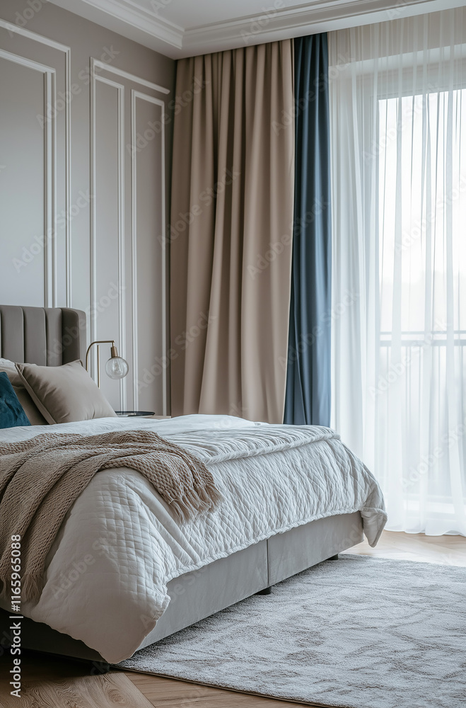 Modern minimalist bedroom with grey bedding, floor-to-ceiling window with white curtains, ample natural light Modern minimalist bedroom with grey bedding, floor-to-ceiling window with white curtains, ample natural light
