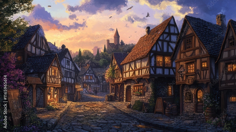 Charming Medieval Village at Sunset with Vibrant Sky and Stone Path Charming Medieval Village at Sunset with Vibrant Sky and Stone Path