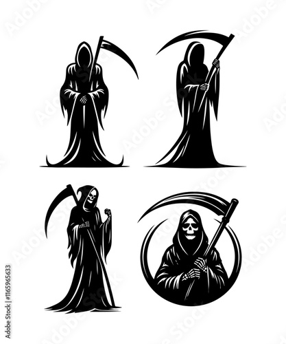 Set of grim reaper silhouettes standing and holding a scythe, symbol featuring Halloween event