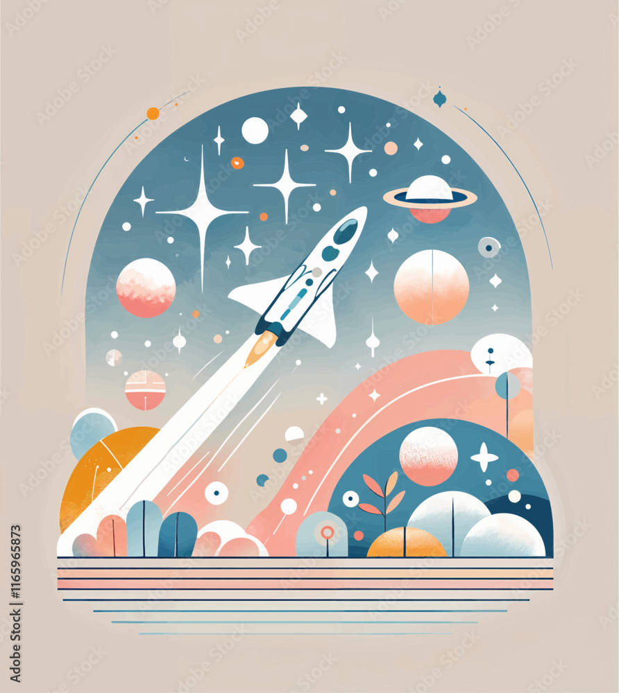 Fototapeta premium A vibrant minimalist illustration of a space shuttle launching into a colorful cosmic scene filled with planets, stars, and abstract artistic details representing space exploration
