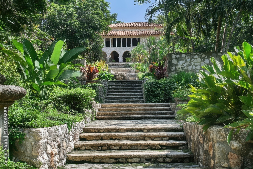 Stairway leading to a historic house surrounded by lush greenery in a tropical garden setting Stairway leading to a historic house surrounded by lush greenery in a tropical garden setting