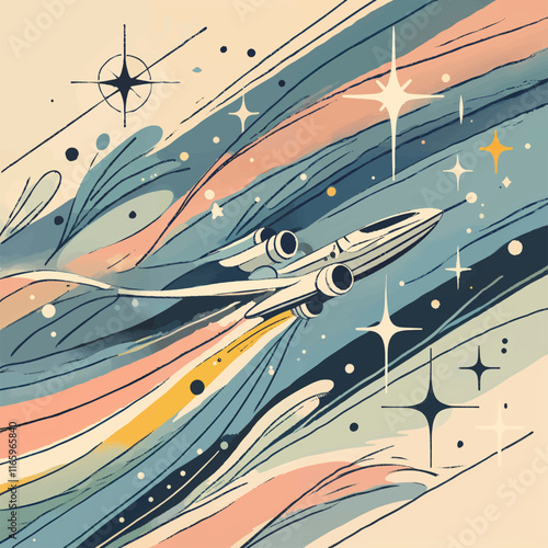 A visually striking abstract depiction of a rocket soaring through colorful cosmic swirls with glowing stars, pastel hues, and dynamic patterns symbolizing futuristic space travel and adventure