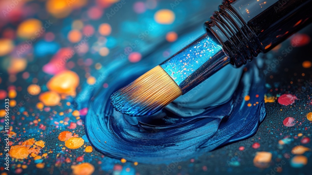 Fototapeta premium Paintbrush applying blue paint, colorful background.