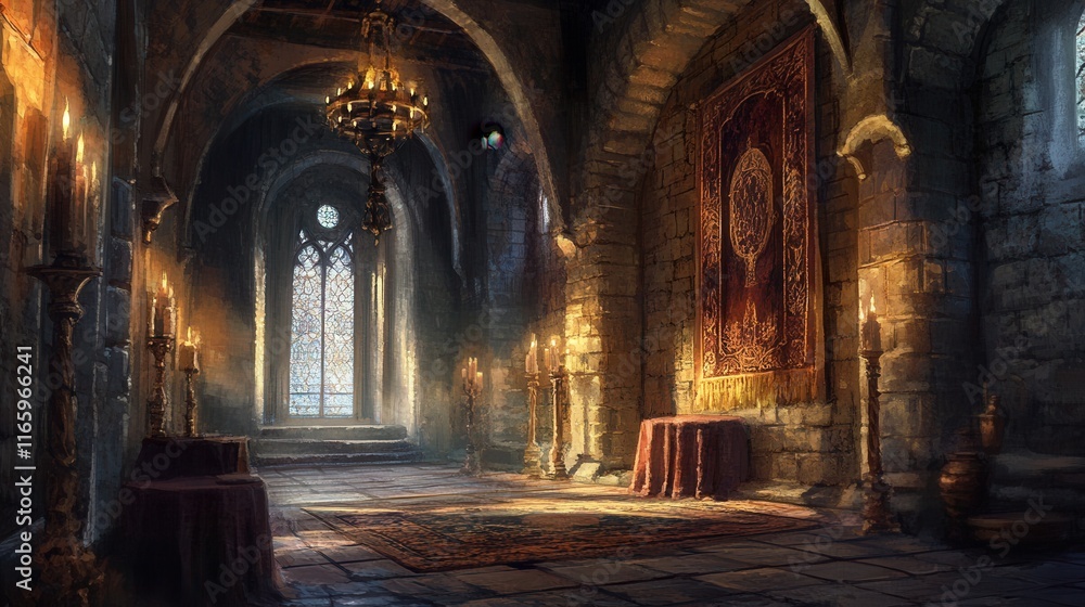 Fototapeta premium Enchanting Medieval Castle Interior with Candles and Tapestry