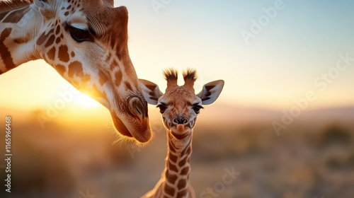 A mesmerizing scene of two giraffes in a beautiful sunset, highlighting their affectionate bond, the warmth of the golden hour, and the serenity of their home. photo