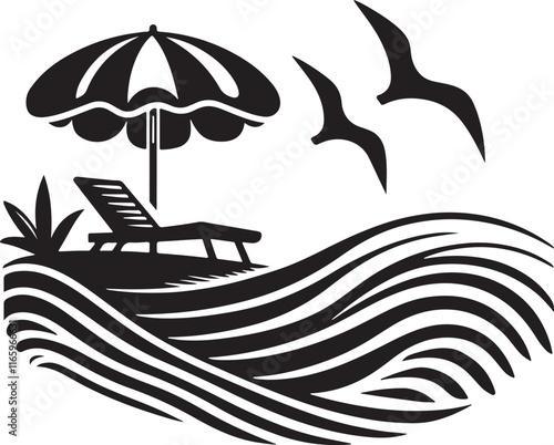 A beach chair with an umbrella on the sea beach vector silhouette white background