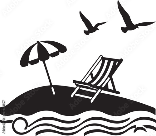 A beach chair with an umbrella on the sea beach vector silhouette white background