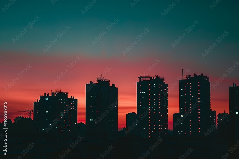 Fototapeta premium Sunset over the city, silhouette of a skyscraper in the city