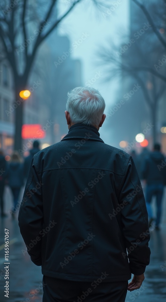 Man walking down the street in the rain Man walking down the street in the rain