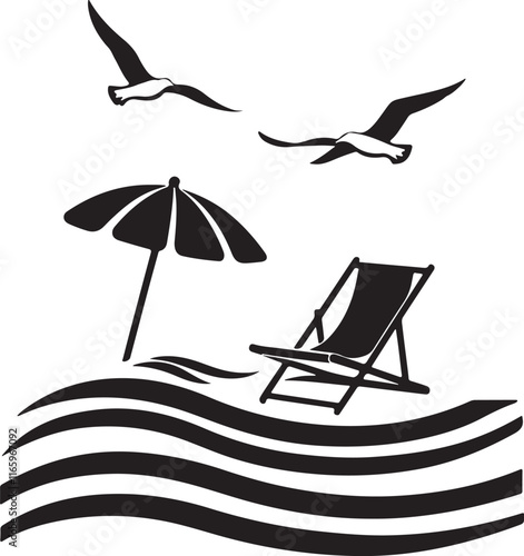 A beach chair with an umbrella on the sea beach vector silhouette white background