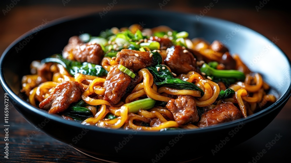 An elegant presentation of stir-fried noodles mixed with succulent meat and greens, emphasizing the harmony of flavors and textures that delight the palate and senses. An elegant presentation of stir-fried noodles mixed with succulent meat and greens, emphasizing the harmony of flavors and textures that delight the palate and senses.