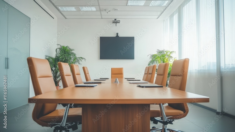 Bright and airy minimalist office meeting room featuring white walls and wooden furniture Bright and airy minimalist office meeting room featuring white walls and wooden furniture