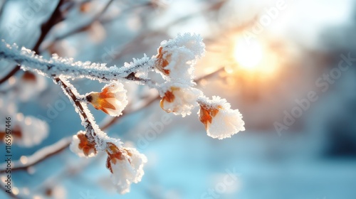 A breathtaking close-up of frosty blossoms, highlighting the intricate details of icy crystals adorning the delicate petals, representing the beauty and purity of winter's touch on nature. photo