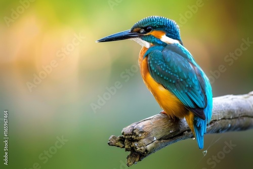 A brightly colored kingfisher rests on a weathered branch above calm water, displaying its striking blue and orange feathers under soft morning light.