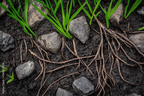 Roots emerging from soil among pebbles reveal nature's intricate web in a garden setting photo