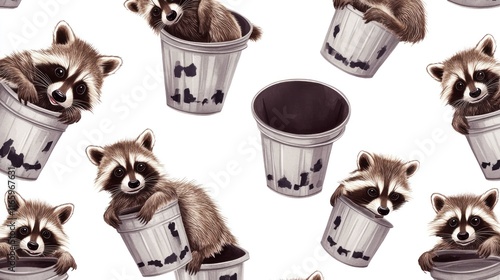 Playful raccoons in trash cans seamless pattern. photo