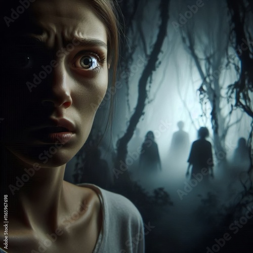 Terrified woman in eerie forest surrounded by shadowy figures with glowing eyes, evoking suspense and supernatural dread photo