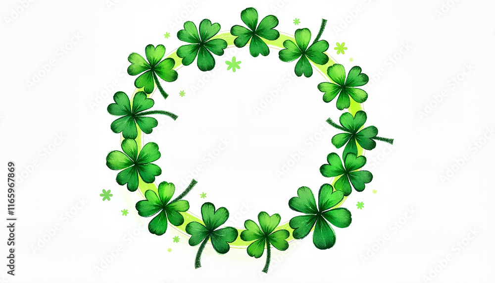 A children's-style illustration made with crayons, a wreath of shamrocks with bright uneven strokes and playful design elements A children's-style illustration made with crayons, a wreath of shamrocks with bright uneven strokes and playful design elements