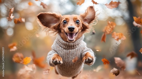 A joyful dachshund leaps through a cascade of multicolored autumn leaves, embodying the spirit of happiness and warmth during the lovely fall season. photo