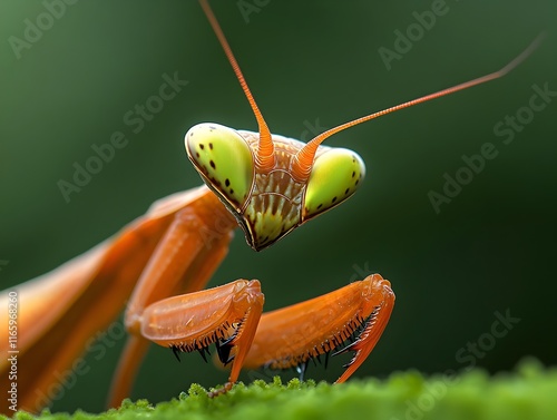 Extreme close up of a praying mantis s head reveals its evolved senses and defenses with perceptive compound eyes scanning for threats twitching antennae detecting alarm pheromones photo