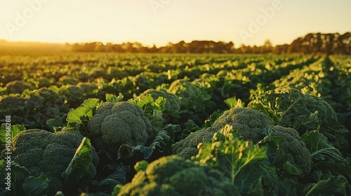 Obraz na płótnie Golden hour sunlight illuminates rows of lush broccoli plants in a vast field. w salonie